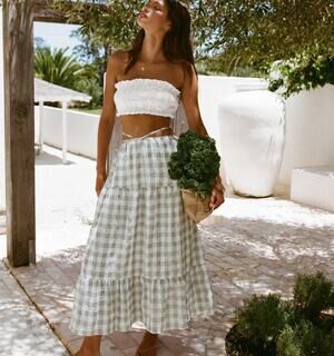 SABO SZ XS/2 Alarette Tiered Check Maxi Skirt Green & White Gingham Lined